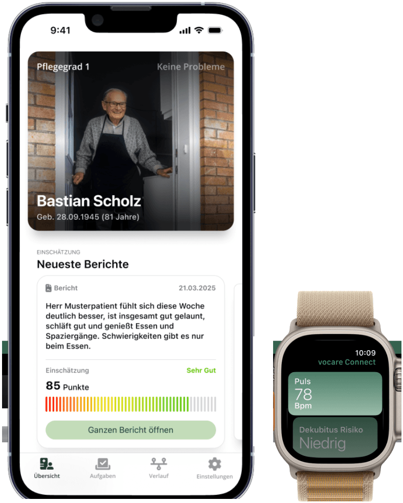 vocare Mobile App auf iPhone und vocare Connect auf Apple Watch — Klientenakte, Berichte und Vitalwerte